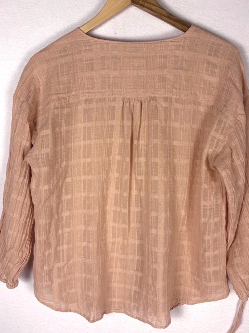 Garnet Hill Tie Sleeve V-Neck Blouse Pink Sheer Cottagecore Peasant - Picture 3 of 6